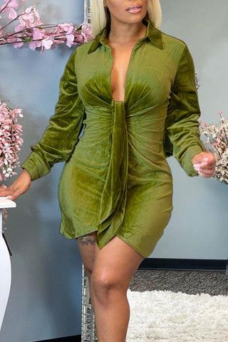 Solid Color Sexy Lace-up Waist Velvet Shirt Dress