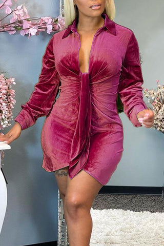 Solid Color Sexy Lace-up Waist Velvet Shirt Dress