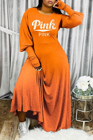 Fashion Loose PINK Letter Print Maxi Dress Plus Size