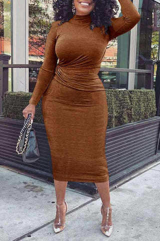 Half High Neck Pleated Waist Long Sleeve Midi Dress