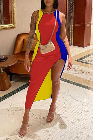 Free-shipping-online-clothing-sale-ankle-length-sleeveless-stylish-color-block-round-neck-irregular-dress-l2038