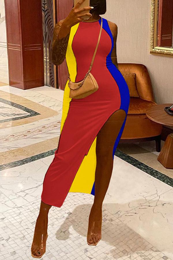 Free-shipping-online-clothing-sale-ankle-length-sleeveless-stylish-color-block-round-neck-irregular-dress-l2038