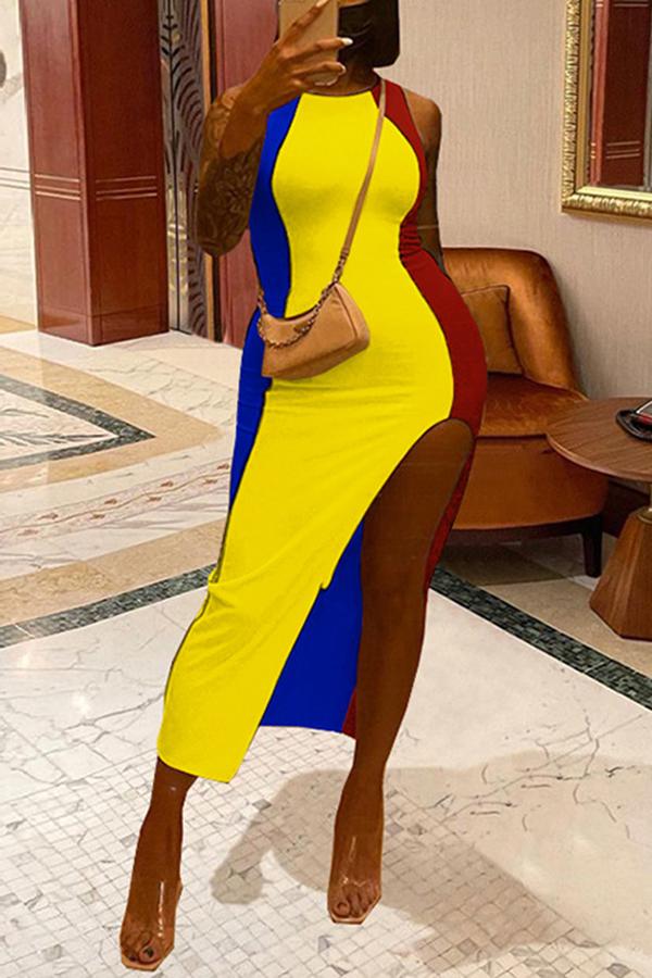 Free-shipping-online-clothing-sale-ankle-length-sleeveless-stylish-color-block-round-neck-irregular-dress-l2038