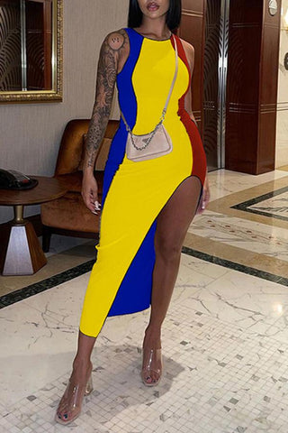 Free-shipping-online-clothing-sale-ankle-length-sleeveless-stylish-color-block-round-neck-irregular-dress-l2038