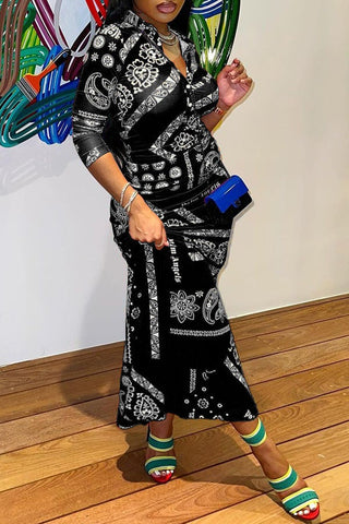 Buttoned Shirt Collar Paisley Print Maxi Dress