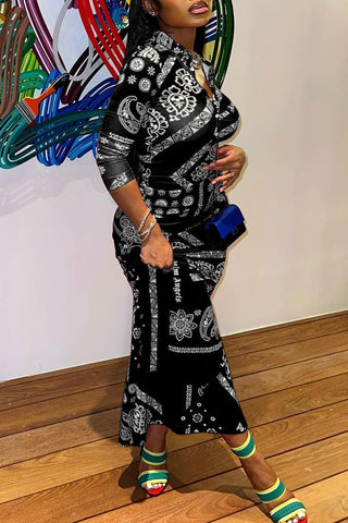 Buttoned Shirt Collar Paisley Print Maxi Dress