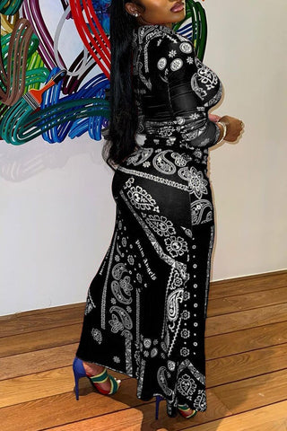 Buttoned Shirt Collar Paisley Print Maxi Dress