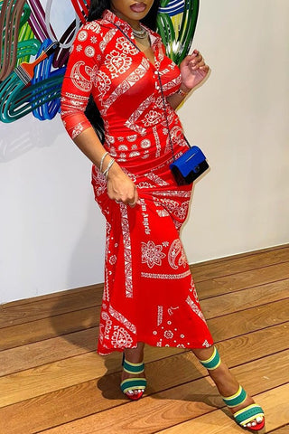 Buttoned Shirt Collar Paisley Print Maxi Dress
