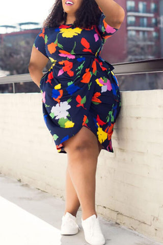 Free-shipping-online-clothing-sale-knee-length-short-sleeve-glamorous-flower-print-round-neck-lace-up-dress-m1130