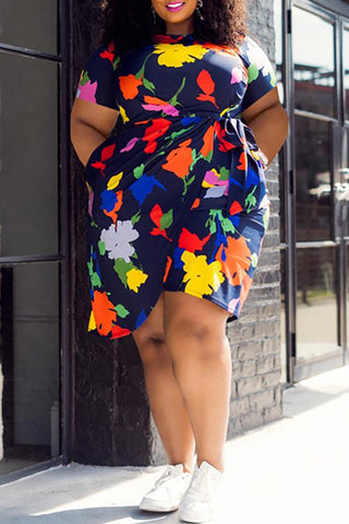 Free-shipping-online-clothing-sale-knee-length-short-sleeve-glamorous-flower-print-round-neck-lace-up-dress-m1130