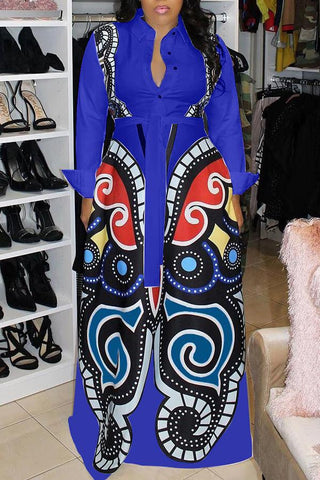 Elegant Shirt Collar Butterfly Print Belt Maxi Dress