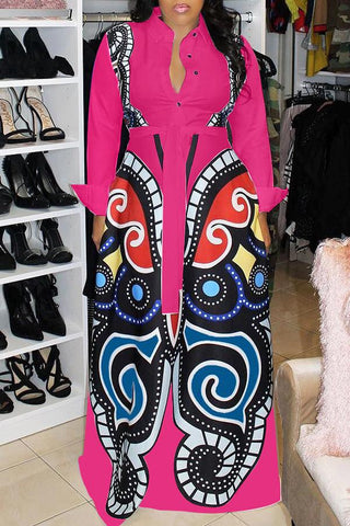 Elegant Shirt Collar Butterfly Print Belt Maxi Dress
