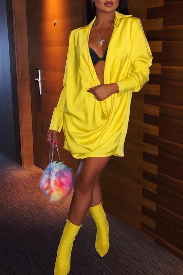 Sexy Deep V-neck Pleated Solid Color Mini Dress