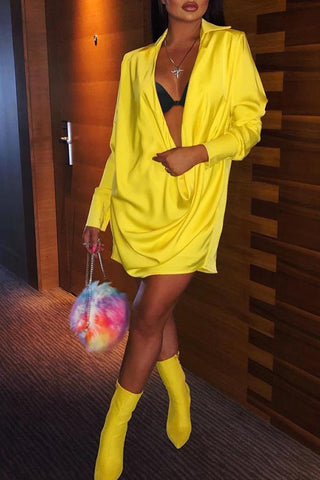 Sexy Deep V-neck Pleated Solid Color Mini Dress