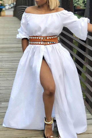 Sexy Off Shoulder Single Breasted Slit Maxi Dress (without belt)