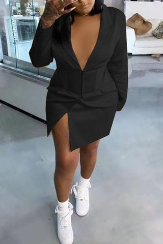 Sexy Deep V-neck Slim Slit Pleated Mini Dress