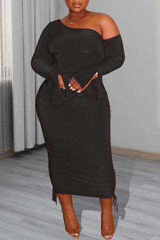 Sexy Plus Size One Shoulder Drawstring Flared Sleeve Maxi Dress