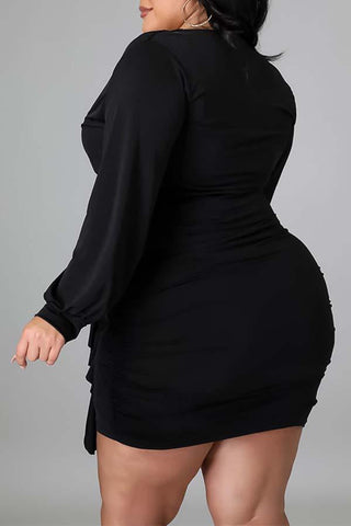 Sexy Solid Color Pleated Deep V-neck Plus Size Mini Dress