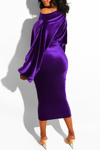 Elegant Slant Collar Long Sleeve Velvet Slim Midi Dress