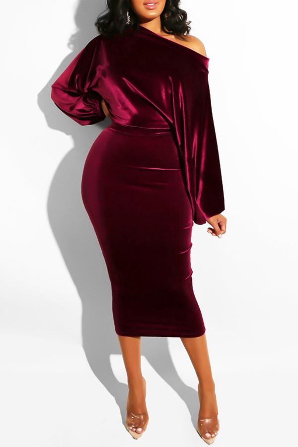 Elegant Slant Collar Long Sleeve Velvet Slim Midi Dress