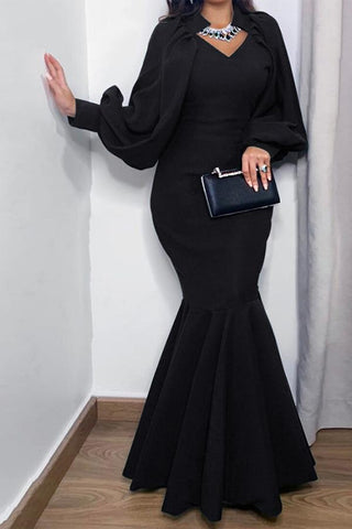 Elegant Puff Sleeve Solid Color Fishtail Maxi Dress