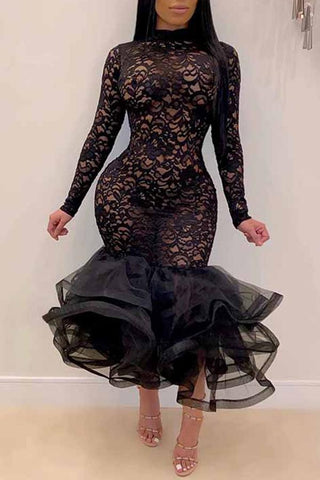 Sexy Slim Fit Lace Stitching Ruffled Mermaid Maxi Dress