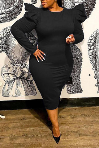 Temperament Pleated Sleeves Solid Color Plus Size Midi Dress