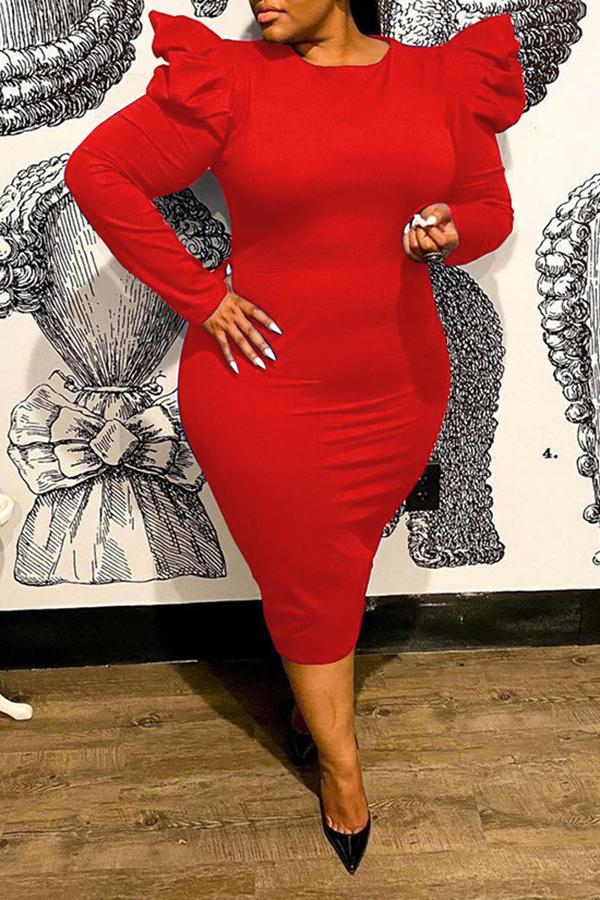 Temperament Pleated Sleeves Solid Color Plus Size Midi Dress