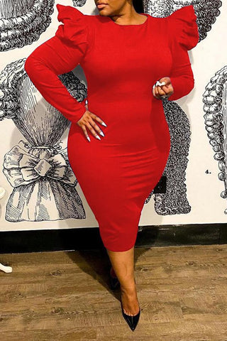 Temperament Pleated Sleeves Solid Color Plus Size Midi Dress