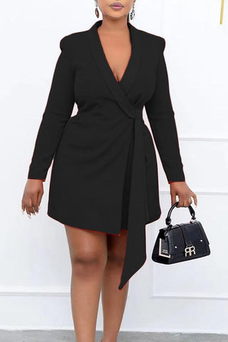 Elegant Solid Color Lapel Slim Long Sleeve Mini Dress