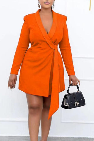Elegant Solid Color Lapel Slim Long Sleeve Mini Dress