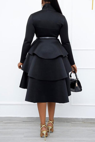 Elegant Solid Color Long Sleeved Ruffled Plus Size Midi Dress