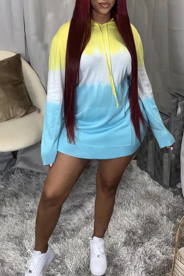 Casual Gradient Color Long Sleeved Hooded Mini Dress