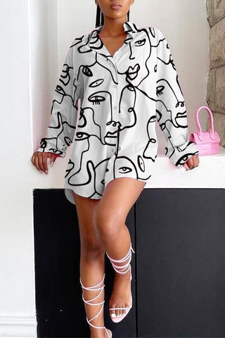 Artistic Portrait Print Single Breasted Shirt Mini Dress