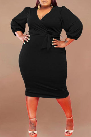 Temperament 3/4 Length Sleeve Plus Size Solid Color Midi Dress