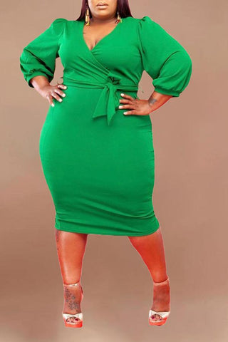 Temperament 3/4 Length Sleeve Plus Size Solid Color Midi Dress