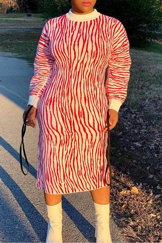Casual Red Striped Print Round Neck Midi Dress