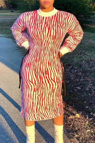 Casual Red Striped Print Round Neck Midi Dress
