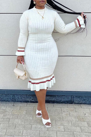 Temperament Plus Size Color Knitted Striped Midi Dress