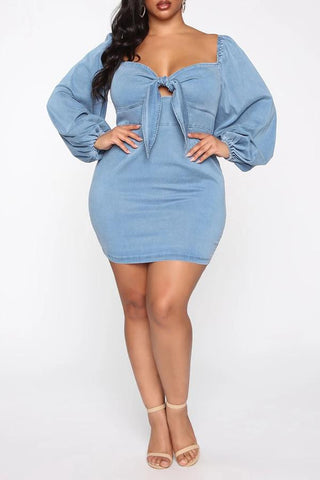 Playful Knotted Plus Size Denim Puff Sleeve Mini Dress