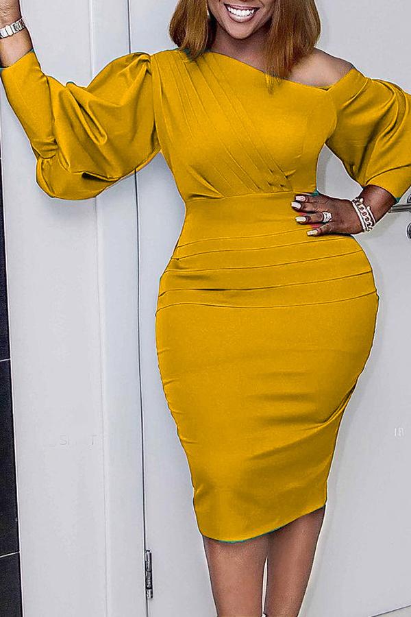 Elegant Slanted Shoulder Pleated Sleeve Hip Midi Dress