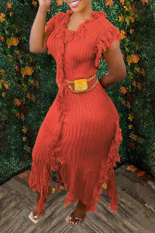 Chic Solid Color Round Neck Sleeveless Tassel Knit Maxi Dress