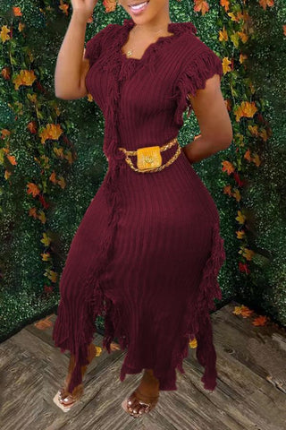 Chic Solid Color Round Neck Sleeveless Tassel Knit Maxi Dress