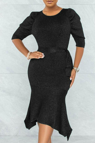 Temperament Solid Color Knitted Belt Fishtail Midi Dress