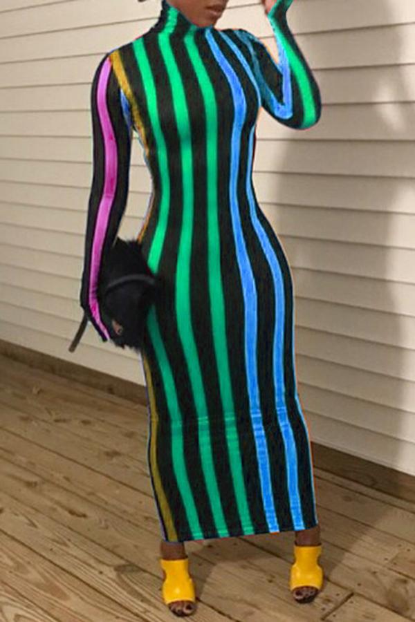 Free-shipping-online-clothing-sale-long-long-sleeve-colorful-stripe-high-neck-one-piece-dress-m2064