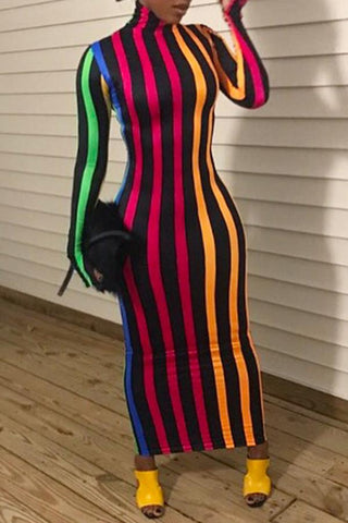 Colorful Striped High Neck Slim Long Sleeve Maxi Dress
