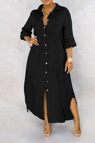 Basic Solid Color Loose Single Breasted Long Sleeve Maxi Dress