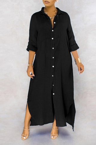 Basic Solid Color Loose Single Breasted Long Sleeve Maxi Dress