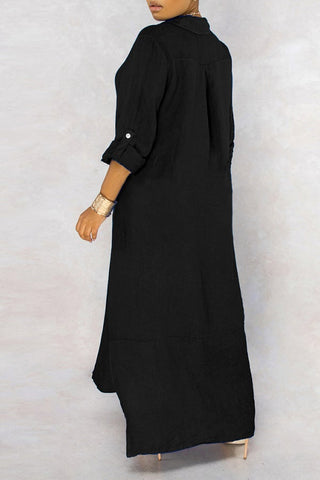 Basic Solid Color Loose Single Breasted Long Sleeve Maxi Dress