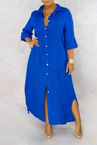 Basic Solid Color Loose Single Breasted Long Sleeve Maxi Dress